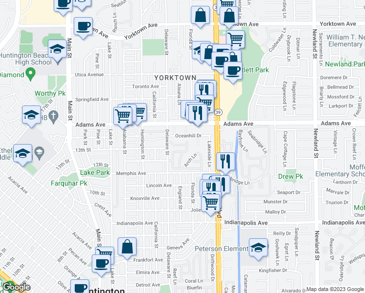 map of restaurants, bars, coffee shops, grocery stores, and more near 608 Amber Drive in Huntington Beach