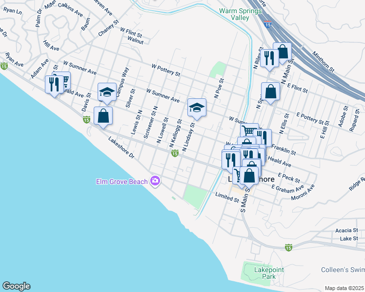 map of restaurants, bars, coffee shops, grocery stores, and more near 107 North Lindsay Street in Lake Elsinore