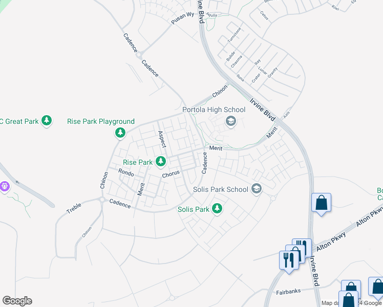 map of restaurants, bars, coffee shops, grocery stores, and more near 398 Merit in Irvine