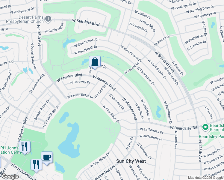 map of restaurants, bars, coffee shops, grocery stores, and more near 13029 West Meeker Boulevard in Sun City West