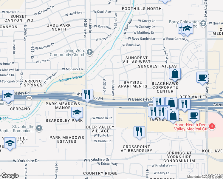 map of restaurants, bars, coffee shops, grocery stores, and more near 20230 North 33rd Avenue in Phoenix
