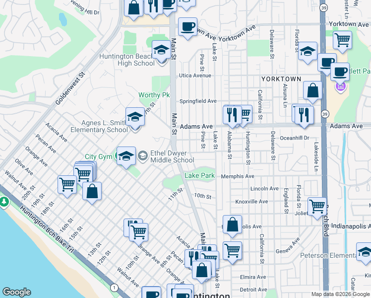 map of restaurants, bars, coffee shops, grocery stores, and more near 1105 Park Street in Huntington Beach