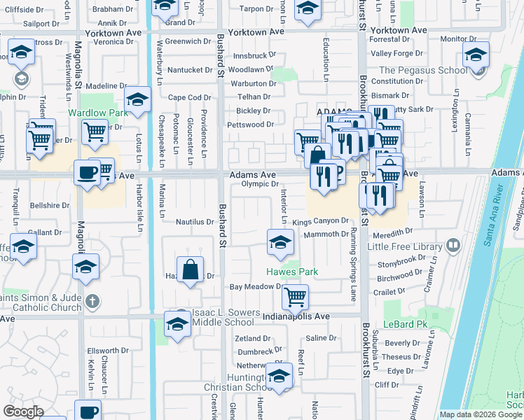 map of restaurants, bars, coffee shops, grocery stores, and more near 20122 Glacier Circle in Huntington Beach