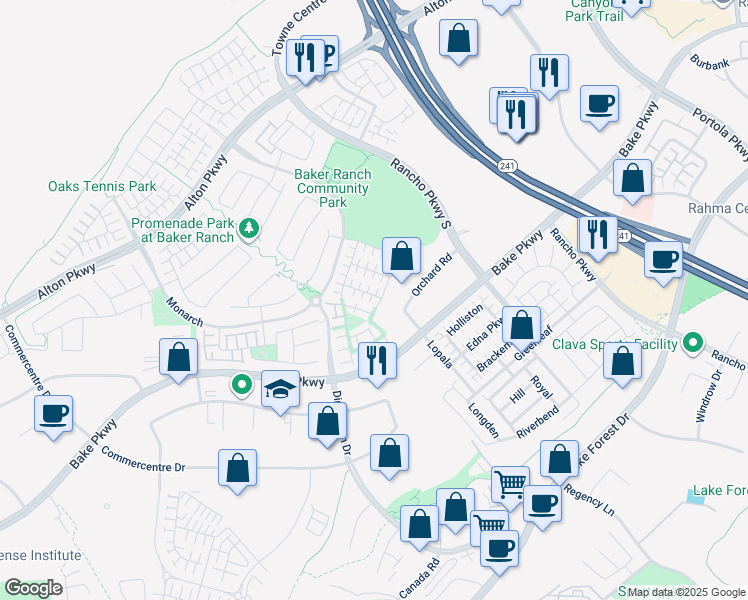 map of restaurants, bars, coffee shops, grocery stores, and more near 10 Lantana in Lake Forest