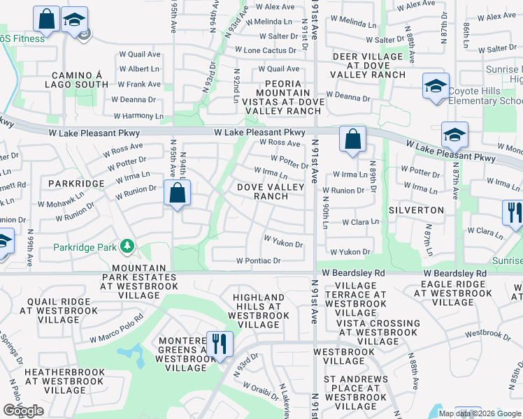 map of restaurants, bars, coffee shops, grocery stores, and more near 20449 North 93rd Avenue in Peoria