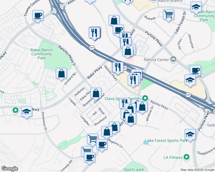 map of restaurants, bars, coffee shops, grocery stores, and more near 160 Tivoli Lane in Lake Forest