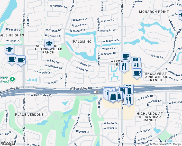 map of restaurants, bars, coffee shops, grocery stores, and more near 6967 West Irma Lane in Glendale