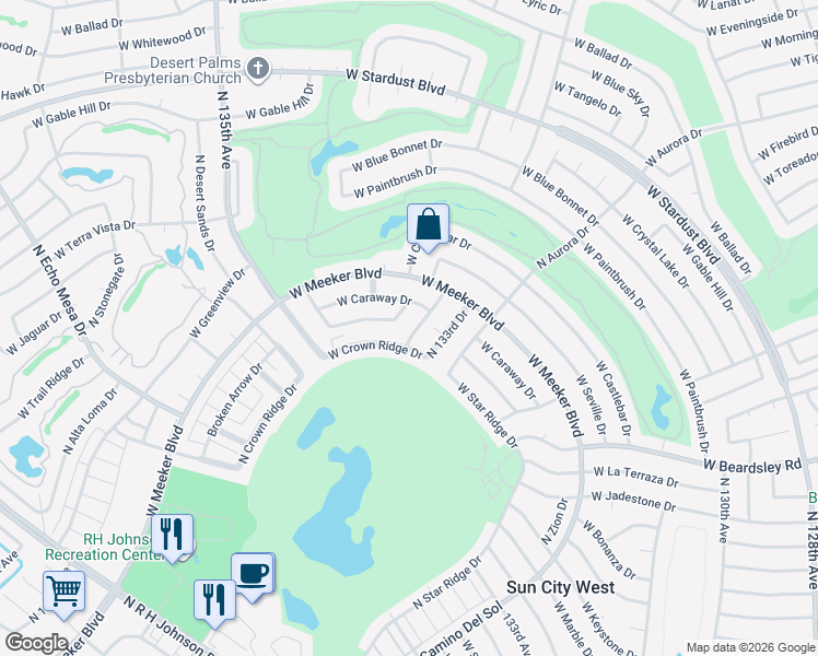 map of restaurants, bars, coffee shops, grocery stores, and more near 20414 North 133rd Way in Sun City West
