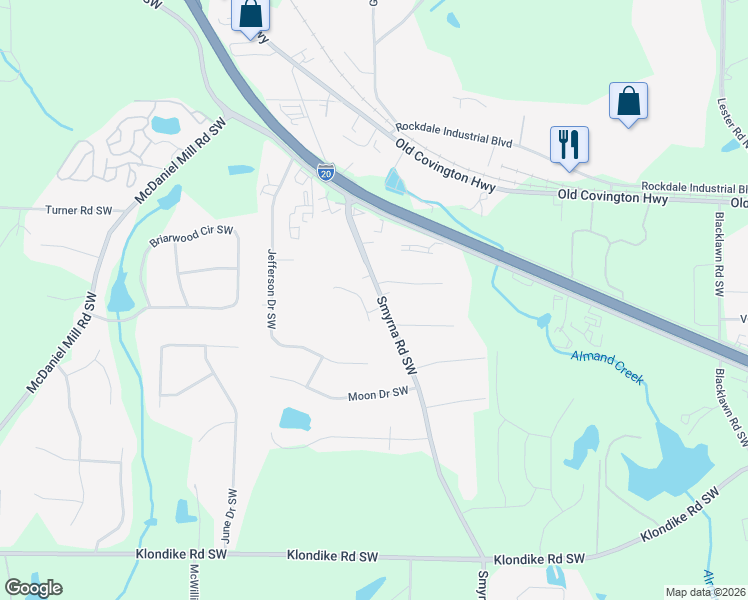 map of restaurants, bars, coffee shops, grocery stores, and more near 750 Smyrna Road Southwest in Conyers