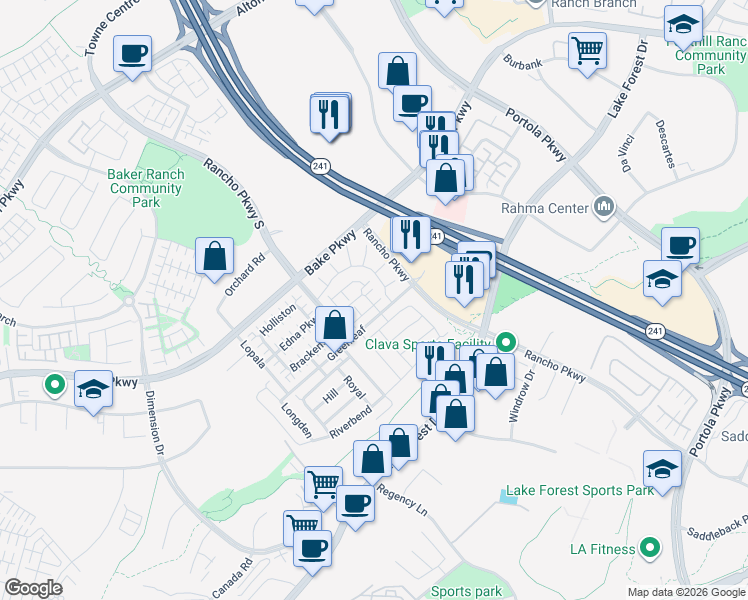 map of restaurants, bars, coffee shops, grocery stores, and more near 160 Tivoli Lane in Lake Forest