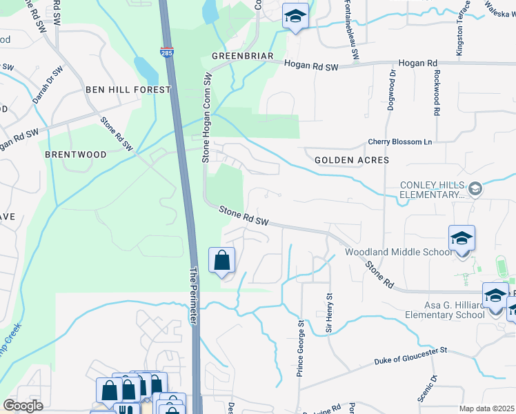 map of restaurants, bars, coffee shops, grocery stores, and more near 3191 Stone Road Southwest in Atlanta