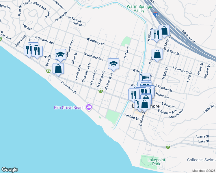 map of restaurants, bars, coffee shops, grocery stores, and more near 116 North Lindsay Street in Lake Elsinore
