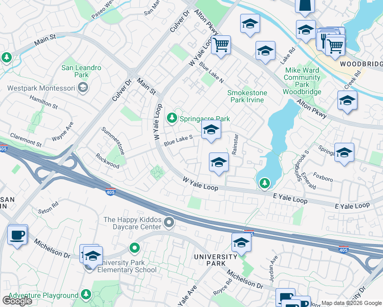 map of restaurants, bars, coffee shops, grocery stores, and more near 49 Thicket in Irvine
