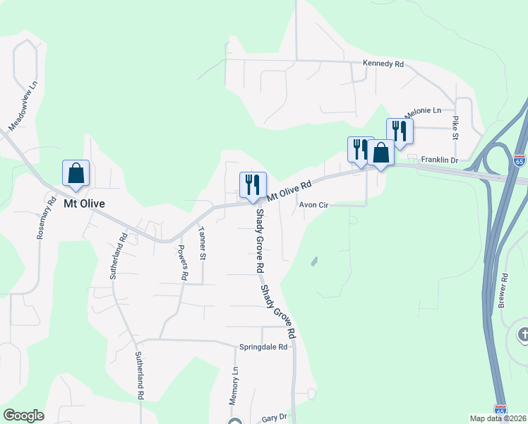map of restaurants, bars, coffee shops, grocery stores, and more near 2470 Mount Olive Road in Mount Olive