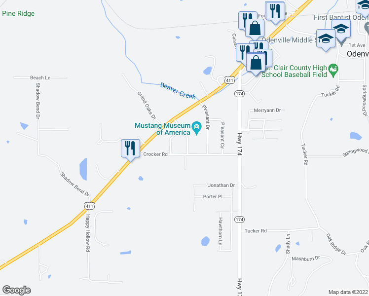 map of restaurants, bars, coffee shops, grocery stores, and more near 100 Forman Farm Road in Odenville