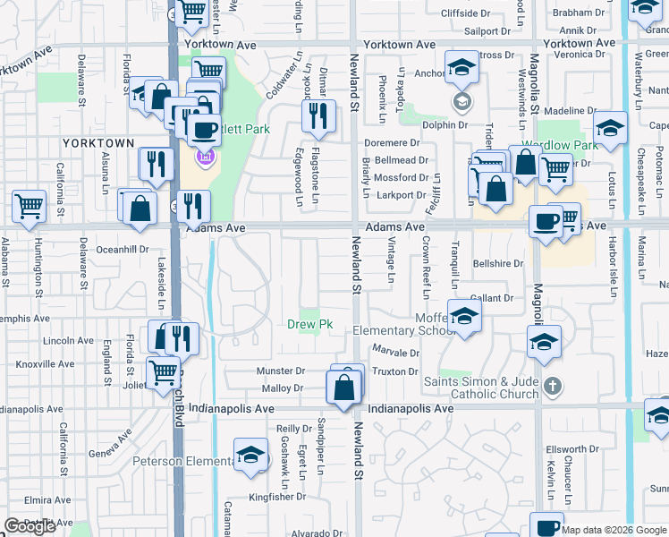 map of restaurants, bars, coffee shops, grocery stores, and more near 8421 Millbridge Circle in Huntington Beach