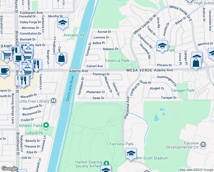 map of restaurants, bars, coffee shops, grocery stores, and more near 2743 Albatross Drive in Costa Mesa