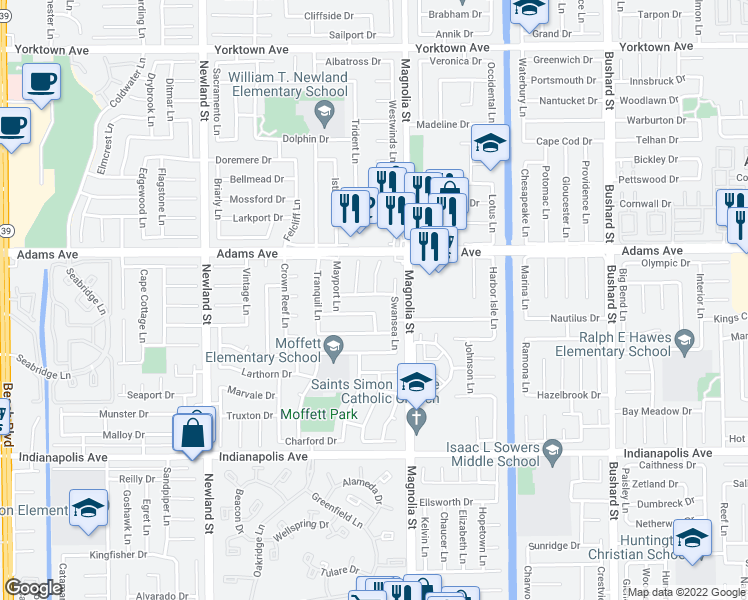 map of restaurants, bars, coffee shops, grocery stores, and more near 20121 Swansea Lane in Huntington Beach