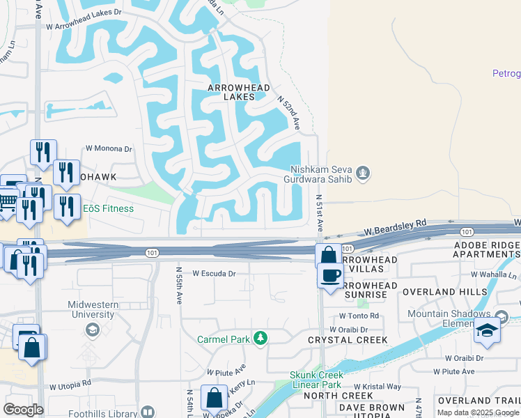 map of restaurants, bars, coffee shops, grocery stores, and more near 20272 North 52nd Drive in Glendale