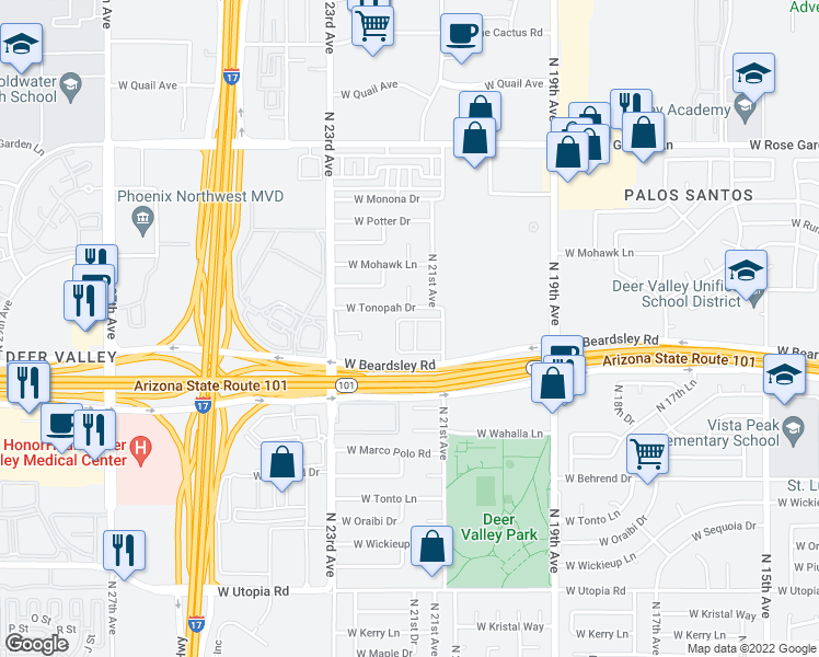 map of restaurants, bars, coffee shops, grocery stores, and more near 20234 North 21st Drive in Phoenix