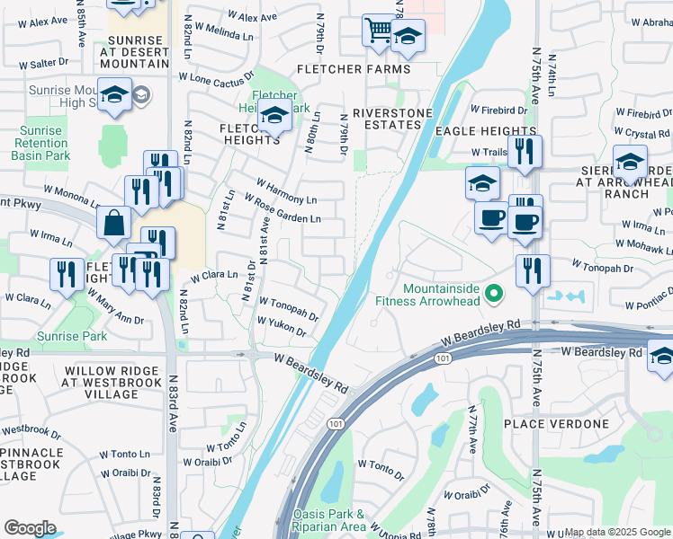 map of restaurants, bars, coffee shops, grocery stores, and more near 7916 West Mary Ann Drive in Peoria