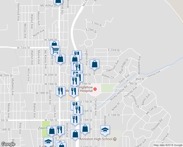 map of restaurants, bars, coffee shops, grocery stores, and more near 315 East 20th Street in Anniston