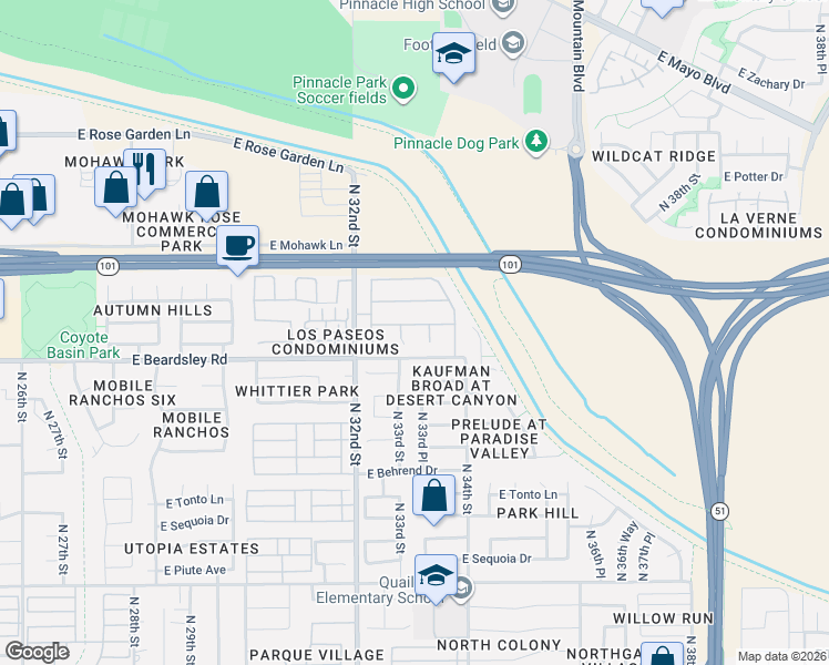 map of restaurants, bars, coffee shops, grocery stores, and more near 3335 East Blackhawk Drive in Phoenix