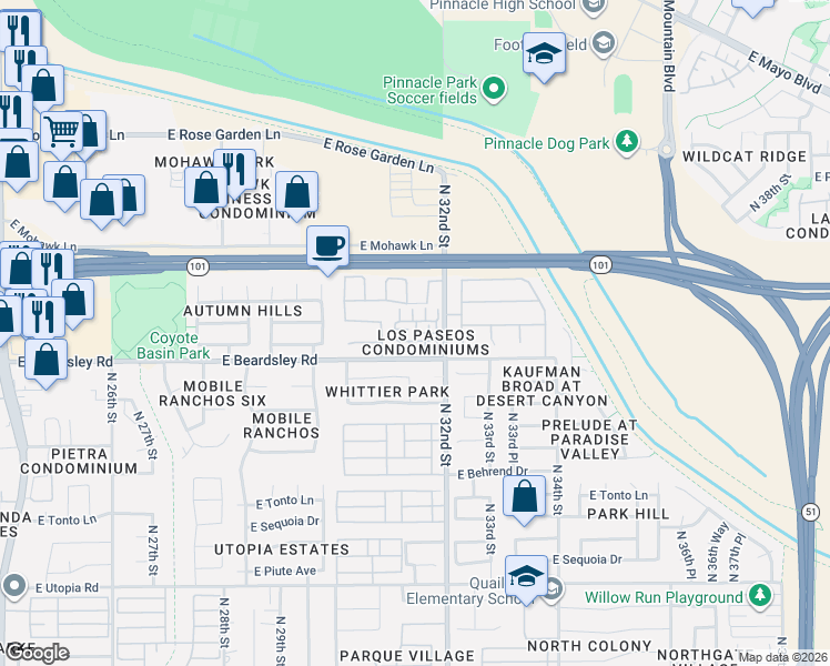 map of restaurants, bars, coffee shops, grocery stores, and more near 20225 North 31st Street in Phoenix