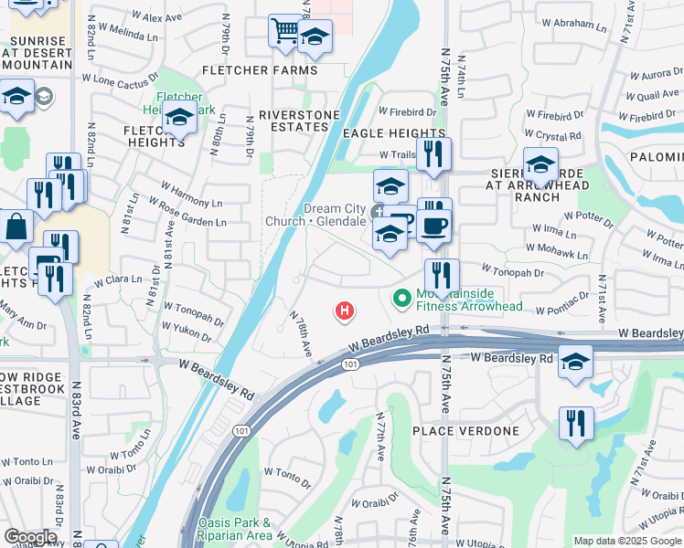 map of restaurants, bars, coffee shops, grocery stores, and more near 7700 West Aspera Boulevard in Glendale