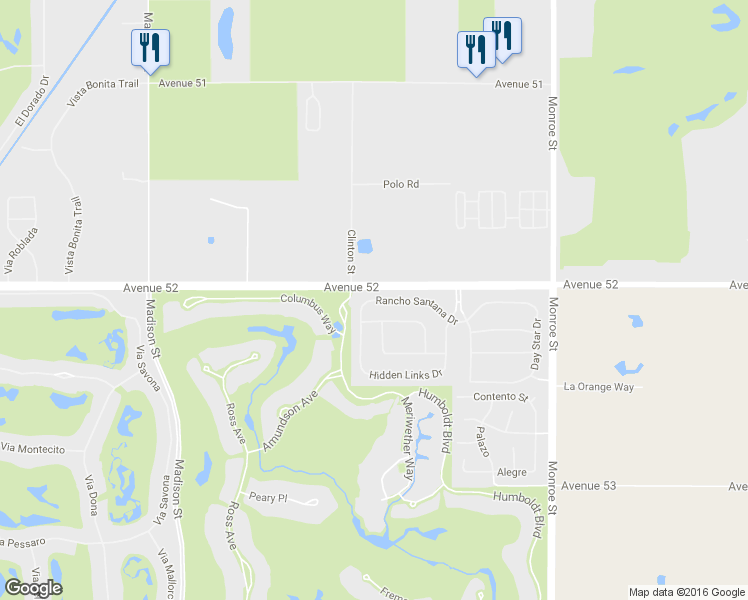 map of restaurants, bars, coffee shops, grocery stores, and more near 81569 Rancho Santana Drive in La Quinta
