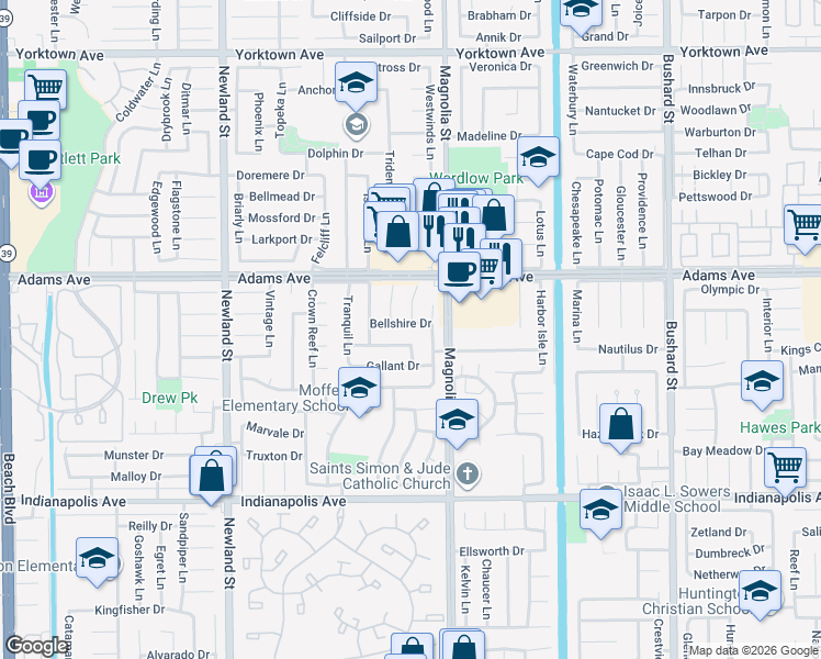 map of restaurants, bars, coffee shops, grocery stores, and more near 20121 Swansea Lane in Huntington Beach