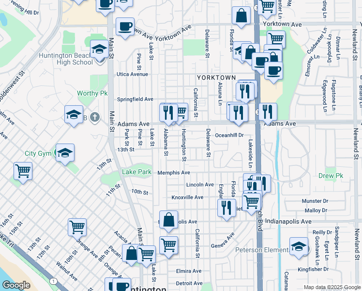 map of restaurants, bars, coffee shops, grocery stores, and more near 215 Oswego Avenue in Huntington Beach