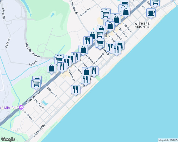 map of restaurants, bars, coffee shops, grocery stores, and more near 1930 Cassandra Lane in Myrtle Beach