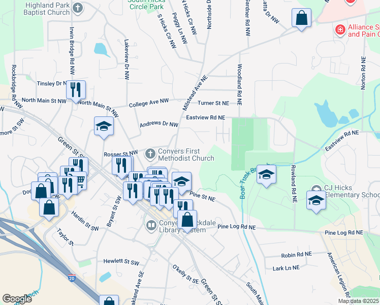 map of restaurants, bars, coffee shops, grocery stores, and more near 989 Locust Drive Northeast in Conyers