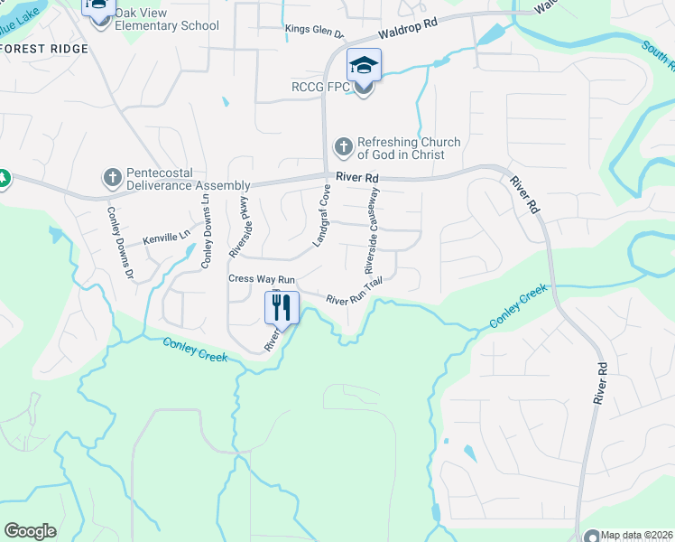 map of restaurants, bars, coffee shops, grocery stores, and more near 3958 Cress Way Run in Decatur