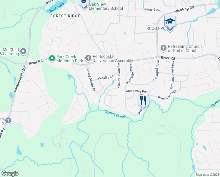 map of restaurants, bars, coffee shops, grocery stores, and more near 3828 Conley Downs Lane in Decatur