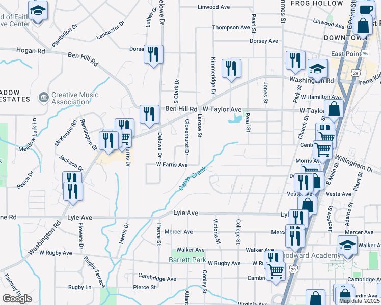 map of restaurants, bars, coffee shops, grocery stores, and more near 3112 Cloverhurst Drive in East Point