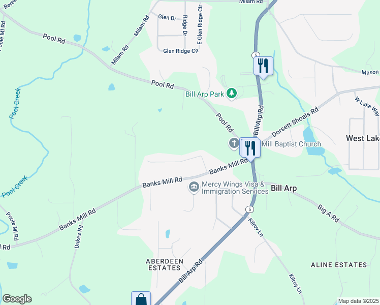 map of restaurants, bars, coffee shops, grocery stores, and more near 7215 Colony Lane in Douglasville