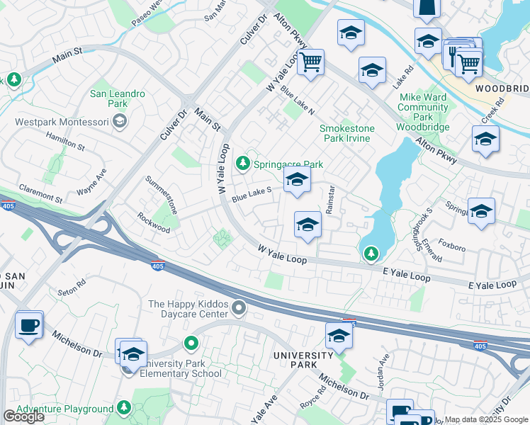 map of restaurants, bars, coffee shops, grocery stores, and more near 75 Thicket in Irvine