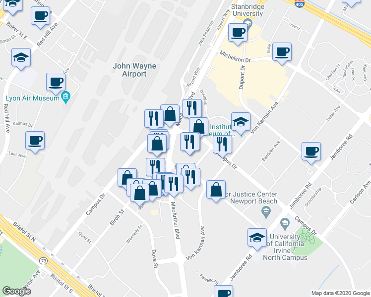 map of restaurants, bars, coffee shops, grocery stores, and more near 4685 Macarthur Court in Newport Beach