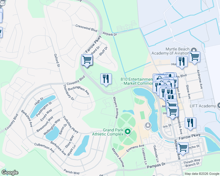 map of restaurants, bars, coffee shops, grocery stores, and more near 1365 Cottage Drive in Myrtle Beach