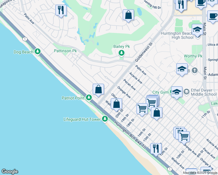 map of restaurants, bars, coffee shops, grocery stores, and more near 20202 Scallop Lane in Huntington Beach