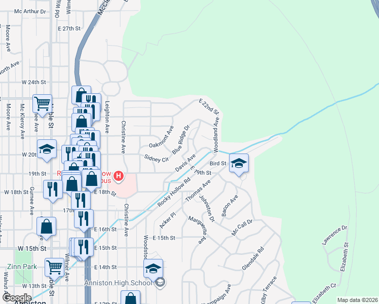 map of restaurants, bars, coffee shops, grocery stores, and more near 1931 Dellwood Court in Anniston