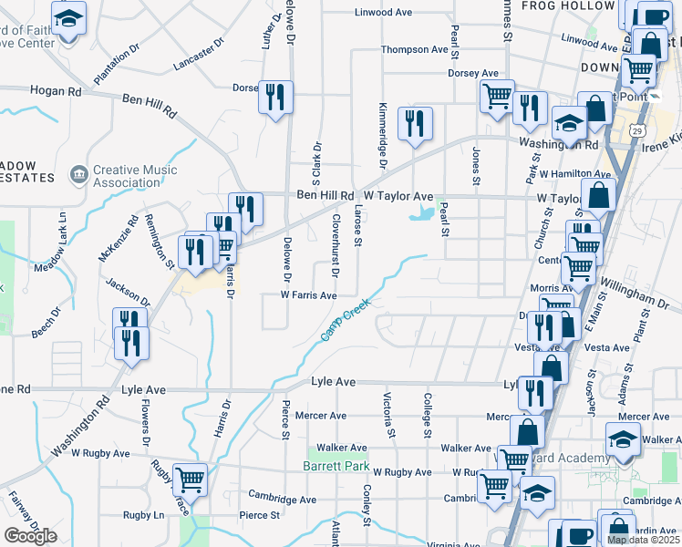 map of restaurants, bars, coffee shops, grocery stores, and more near 3112 Cloverhurst Drive in East Point