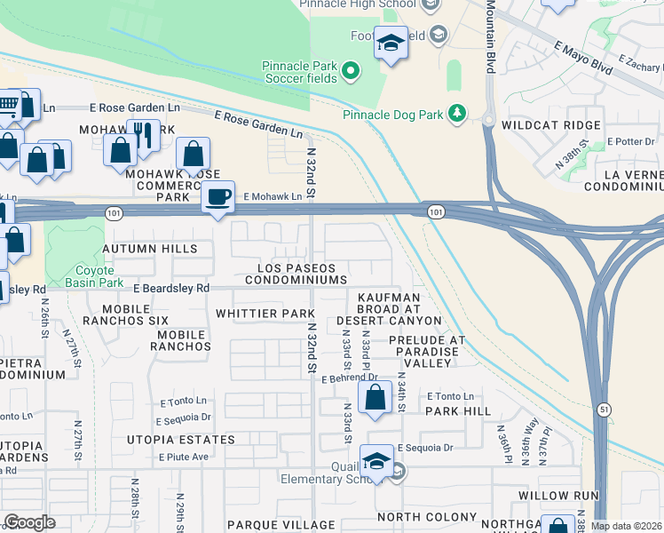map of restaurants, bars, coffee shops, grocery stores, and more near 3229 East Blackhawk Drive in Phoenix