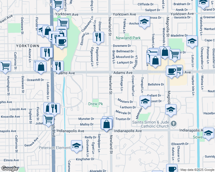 map of restaurants, bars, coffee shops, grocery stores, and more near 8421 Millbridge Circle in Huntington Beach