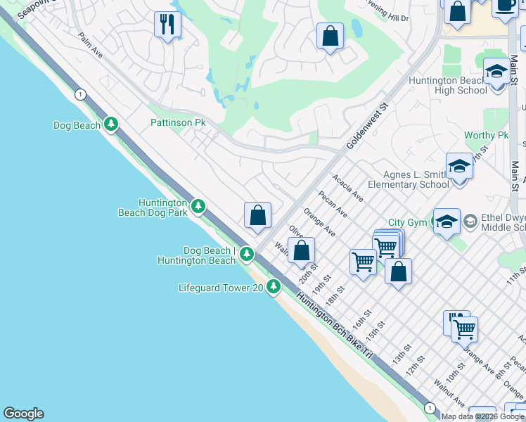 map of restaurants, bars, coffee shops, grocery stores, and more near 6622 Beach View Drive in Huntington Beach
