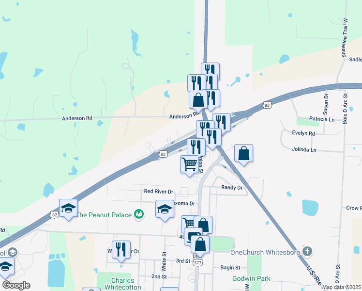 map of restaurants, bars, coffee shops, grocery stores, and more near U.S. Highway 82 in Whitesboro