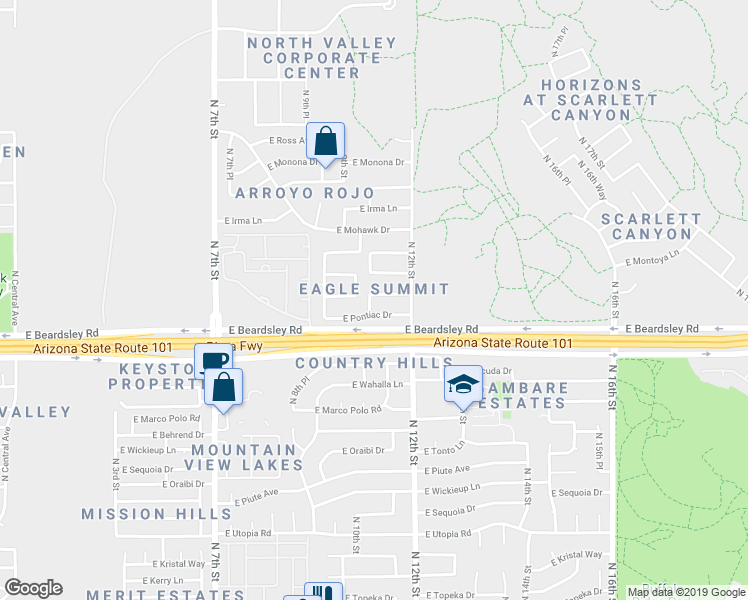 map of restaurants, bars, coffee shops, grocery stores, and more near 1015 East Blackhawk Drive in Phoenix