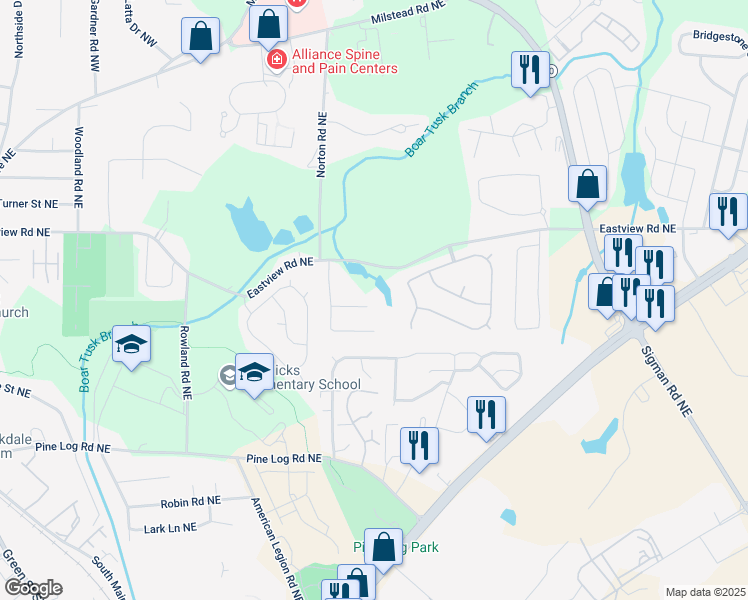 map of restaurants, bars, coffee shops, grocery stores, and more near 1513 Melody Ridge Court Northeast in Conyers